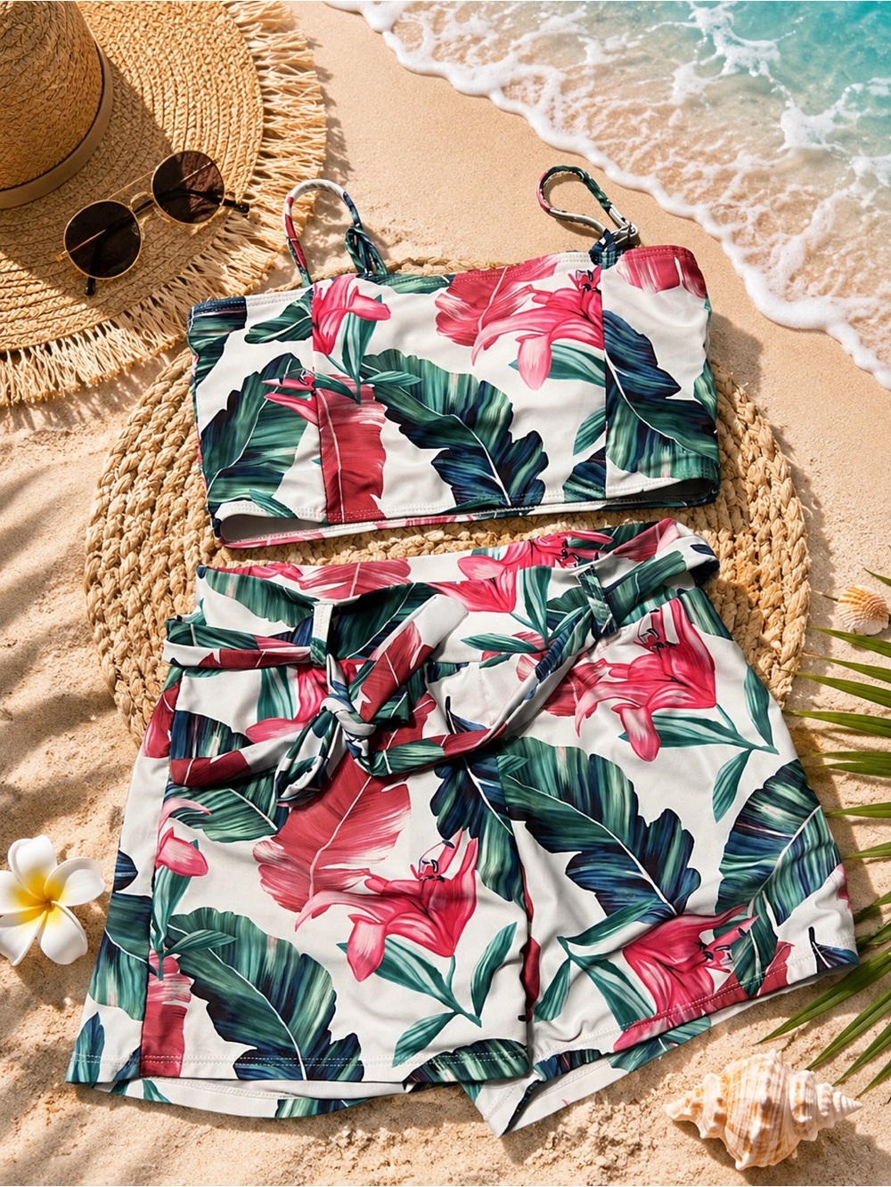 SHEIN White Bikini Set with Pink Floral & Green Leaf Print